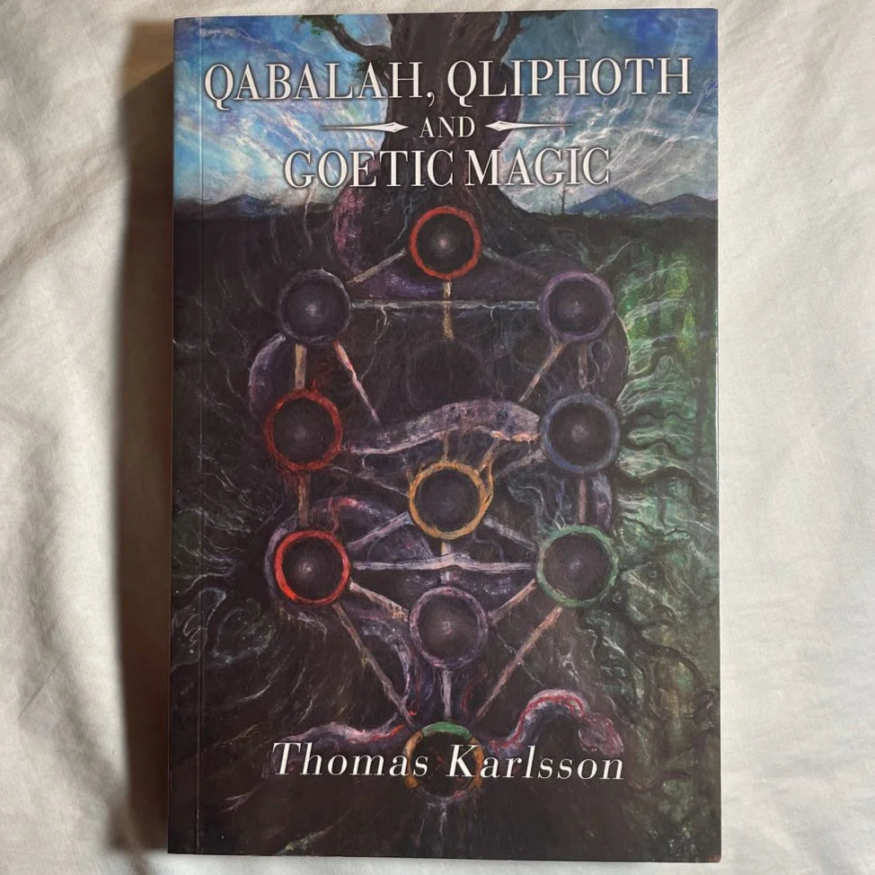 This image displays the cover of a book titled "Qabalah, Qliphoth and Goetic Magic" by Thomas Karlsson. The cover art, executed by Daniel Corcuera (Nekronikon), features a complex and vivid design with multiple circular sigils in shades of red, black, and gray, set against a backdrop of a swirling misty landscape.