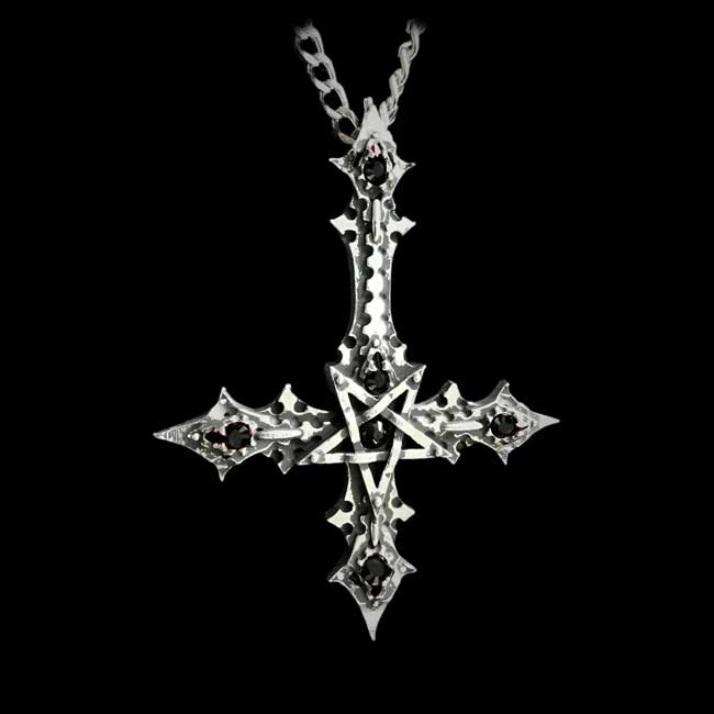Satanacross Inverted Pentagram Necklace w/ Black Swarovski Crystals