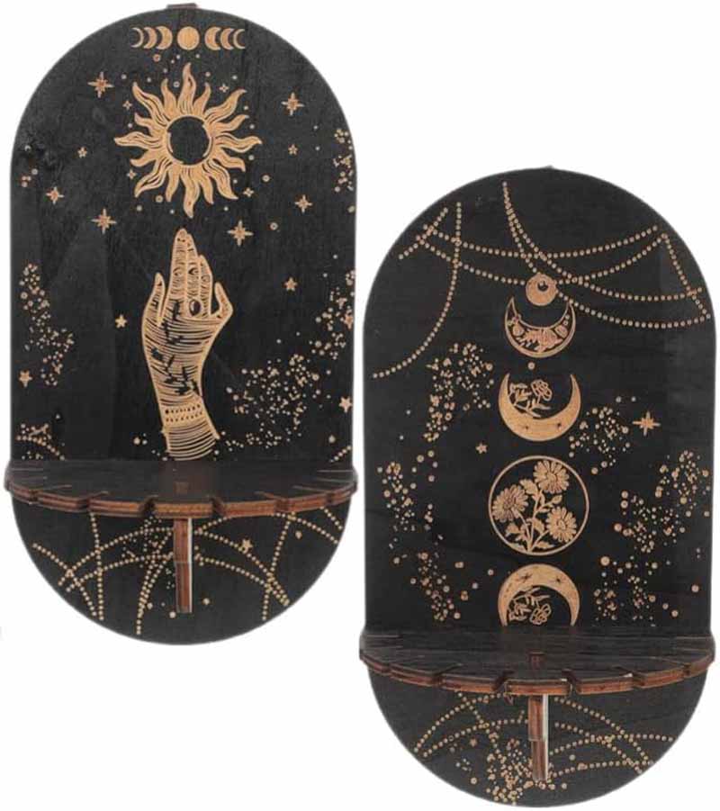 Rustic Wooden Bohemian Sun and Moon Shelves (2 pk)