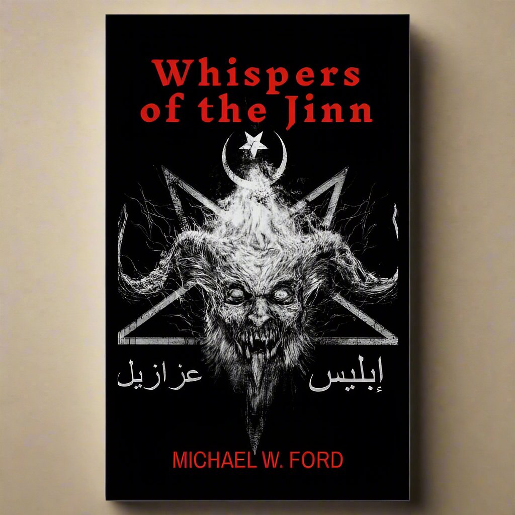 This image features the cover of the book "Whispers of the Jinn: Arabic Black Magic – Comprehensive Grimoire" by Michael W. Ford.