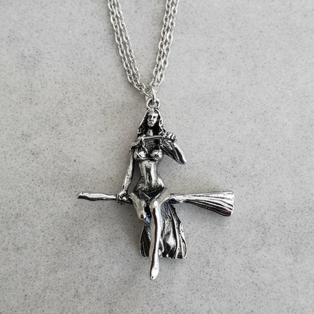 Holda Witch Mother Pendant | Germanic Goddess Broom Talisman | Occult Necklace