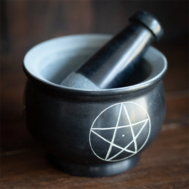 Pentacle Carved Mortar & Pestle Black Stone 4"W 3"H