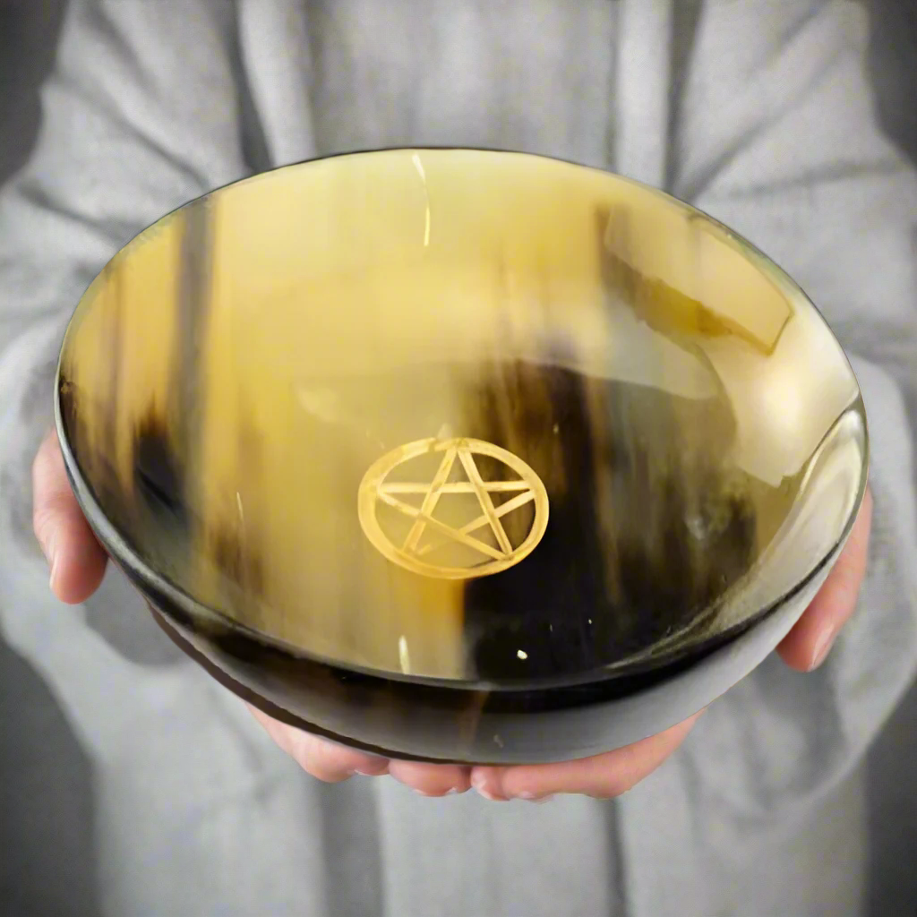 Polished Horn Pentagram Ritual Offering Bowl | 6" Handcrafted for Rituals & Offerings