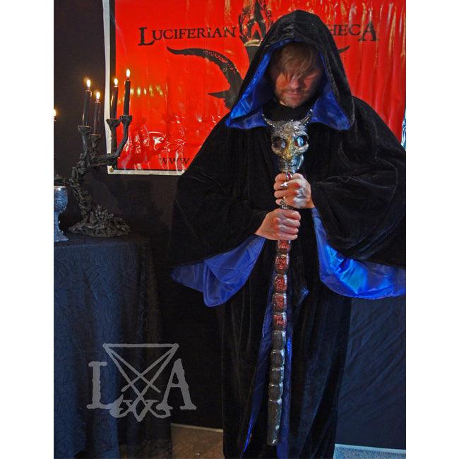 High Quality Black velvet with Blue Satin Lining.  Hooded Sorcerer Robe