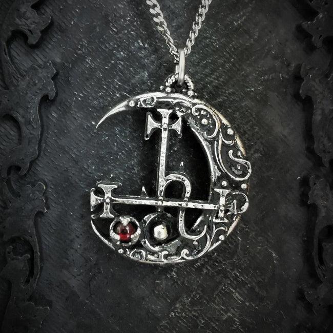 Sigil of Lilith pendant w/ Crescent Moon and Red Abalone Stone - The Luciferian Apotheca 