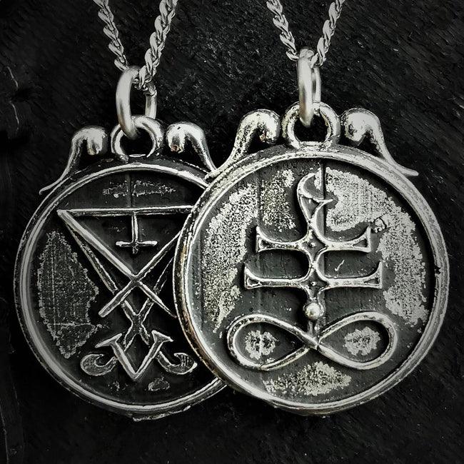 Double sided sigil of Lucifer and Satanic cross, Leviathan & Sulfur Cross Pendant