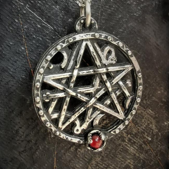 Necronomicon Seal of the Gate Pendant w/ Abalone Red Gemstone - The Luciferian Apotheca 