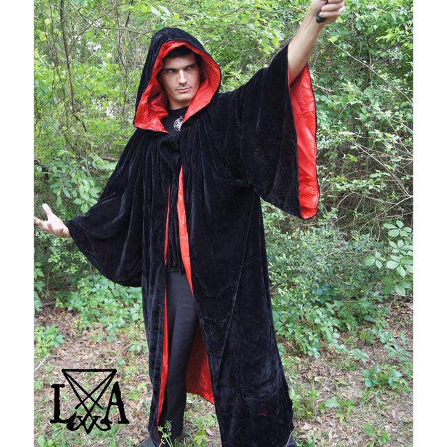 High Quality Black velvet with Red Satin Lining.  Hooded Sorcerer Robe
