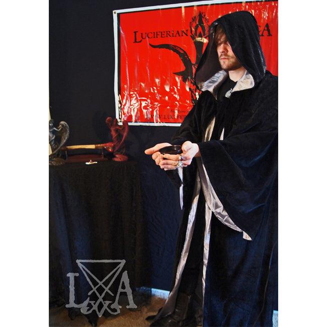 High Quality Black velvet with Gray Satin Lining.  Hooded Sorcerer Robe