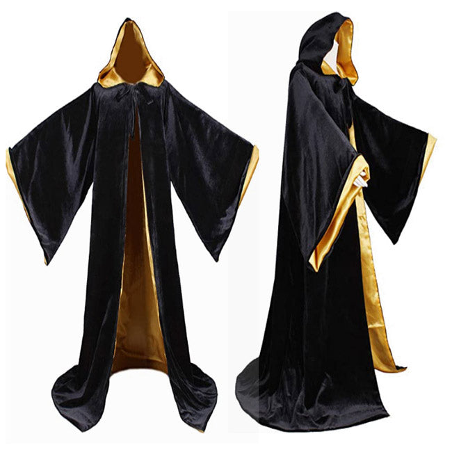 High Quality Black velvet with Gold Satin Lining Hooded Sorcerer Robe ...