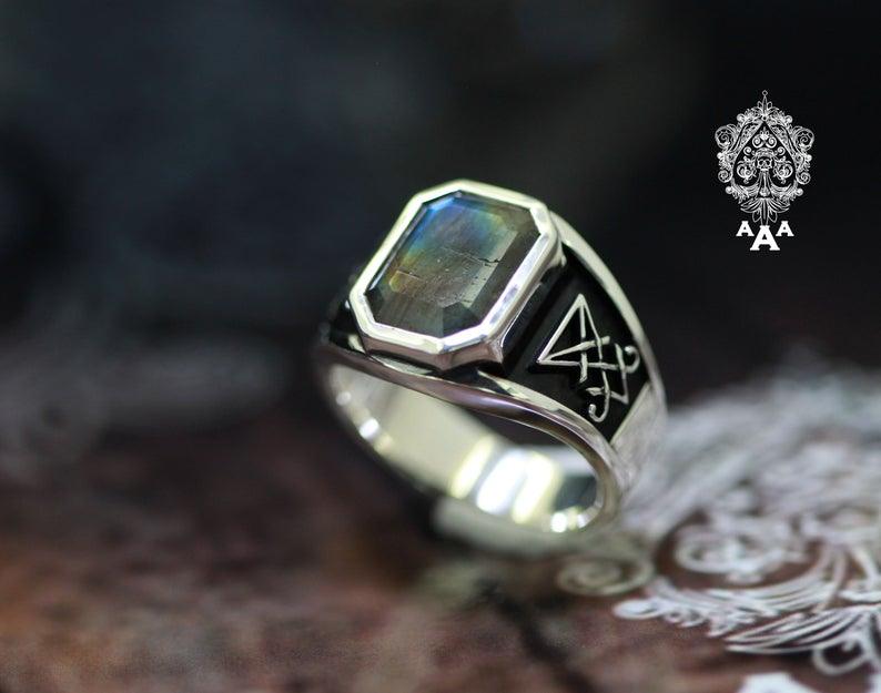 Sigil of Lucifer Ring w/ Labradorite Sterling Silver 925 - The Luciferian Apotheca 