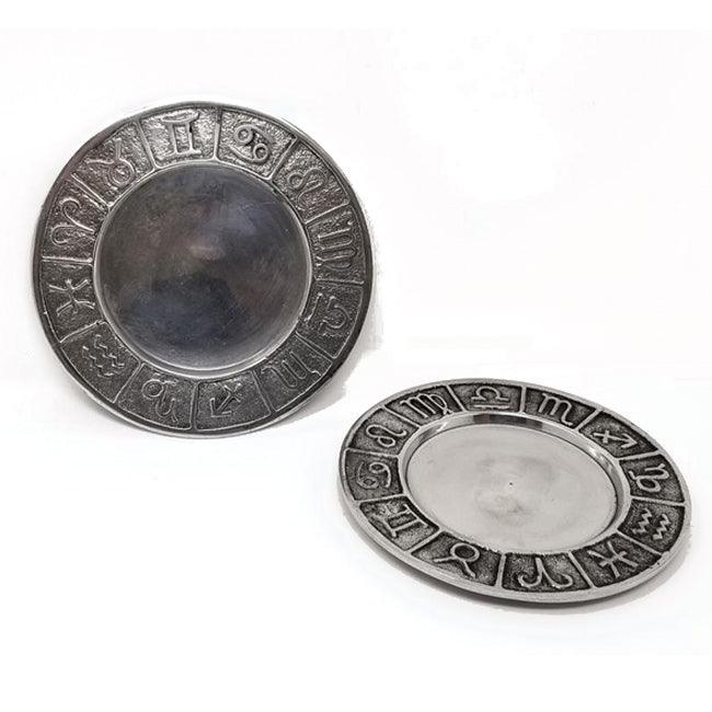 4.75" Metal Zodiac Pillar Candle Plate or Cone Incense Burner - Silver Toned w/ Antiqued Finish - The Luciferian Apotheca 